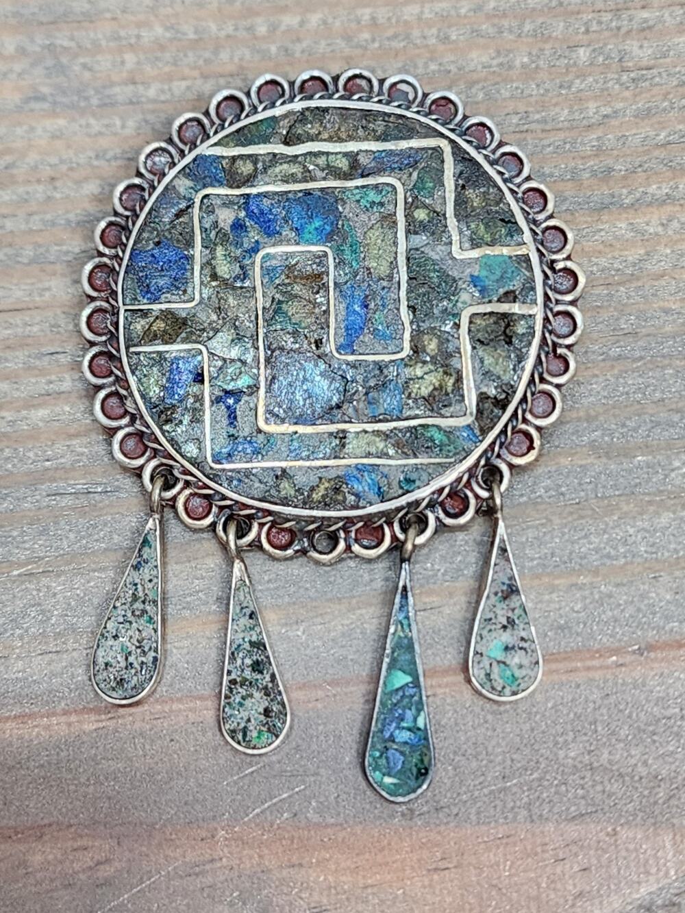 Vintage Taxco Mexico Signed Sterling Silver 925 Turquoise Inlay Brooch Pendant